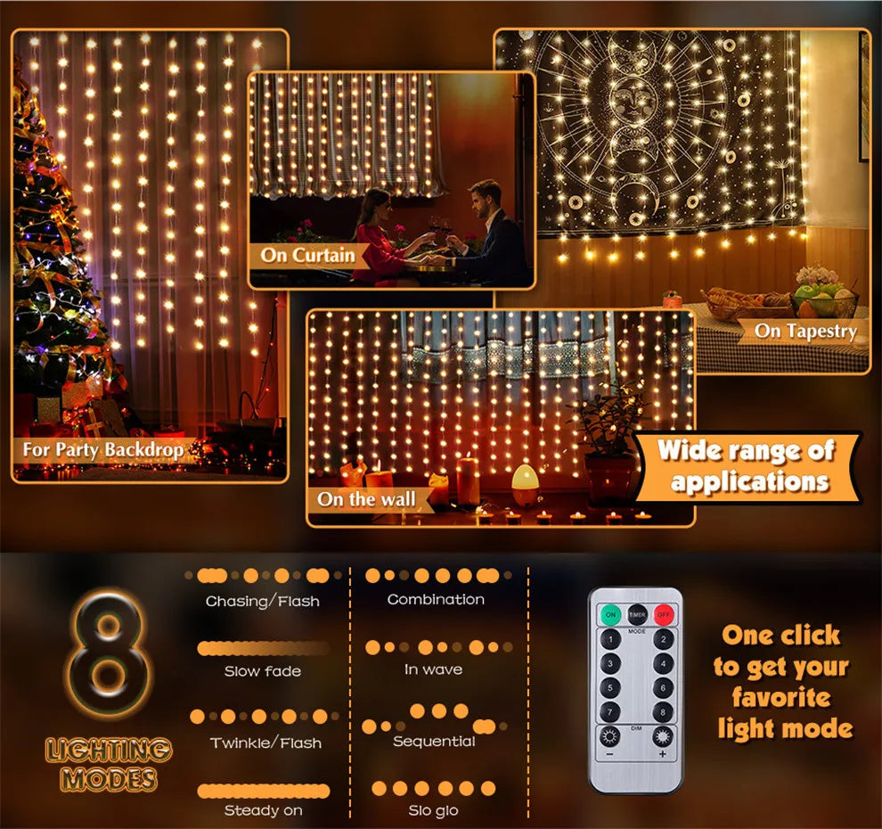 LED Fairy Curtain Lights with Remote - 8 Modes
