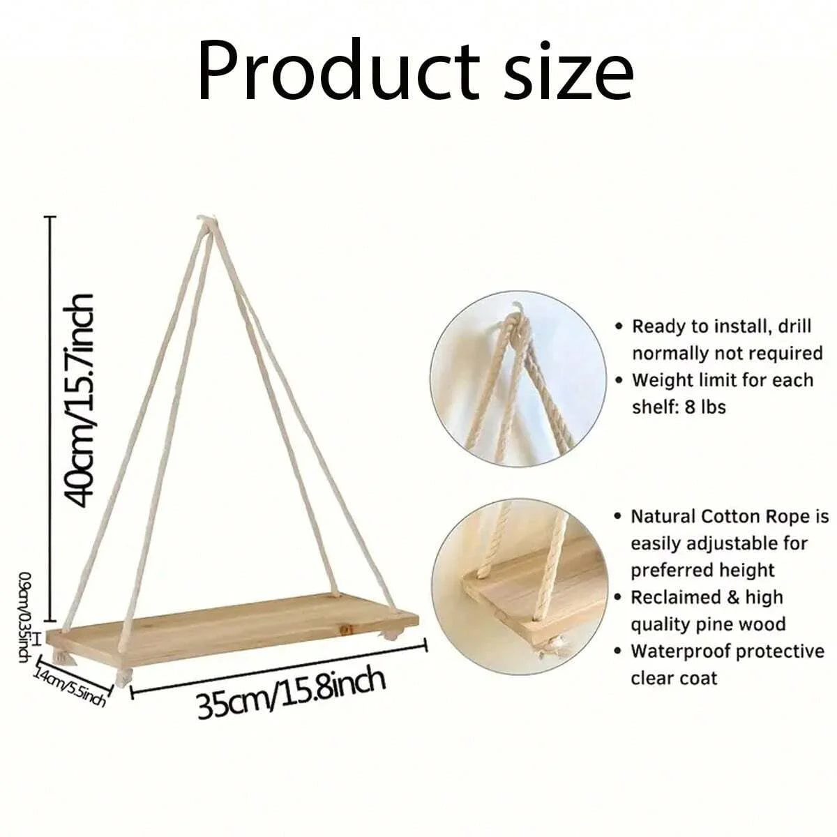 Wooden Hanging Rope Wall Shelf