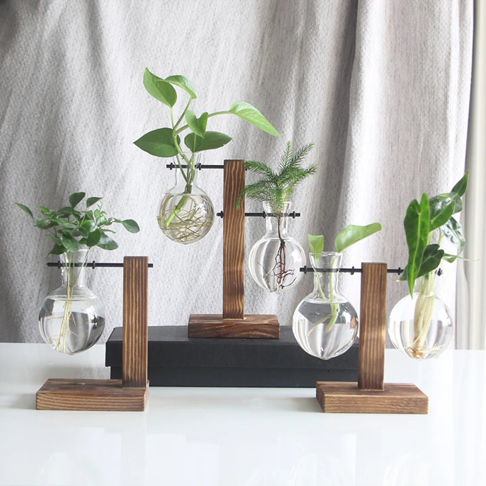 Glass Bulb Vase Wooden Stand