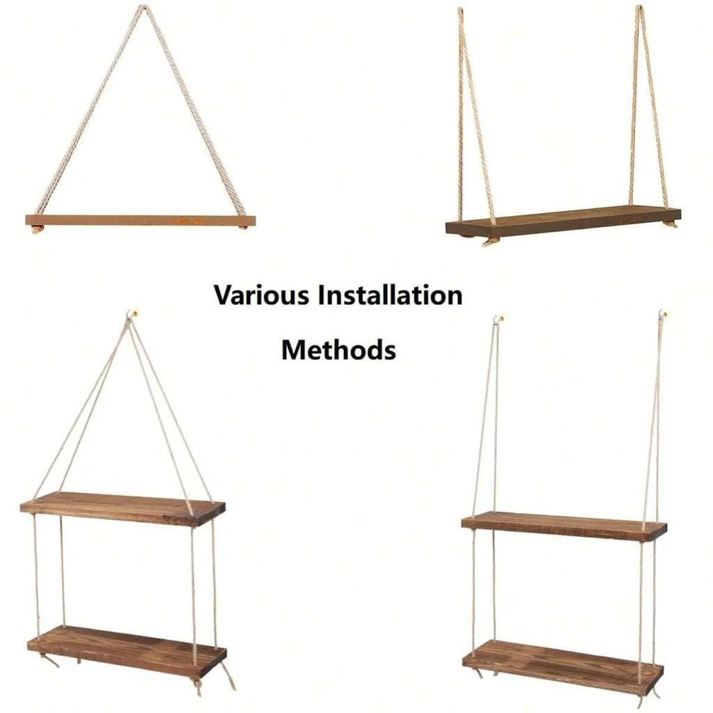 Wooden Hanging Rope Wall Shelf