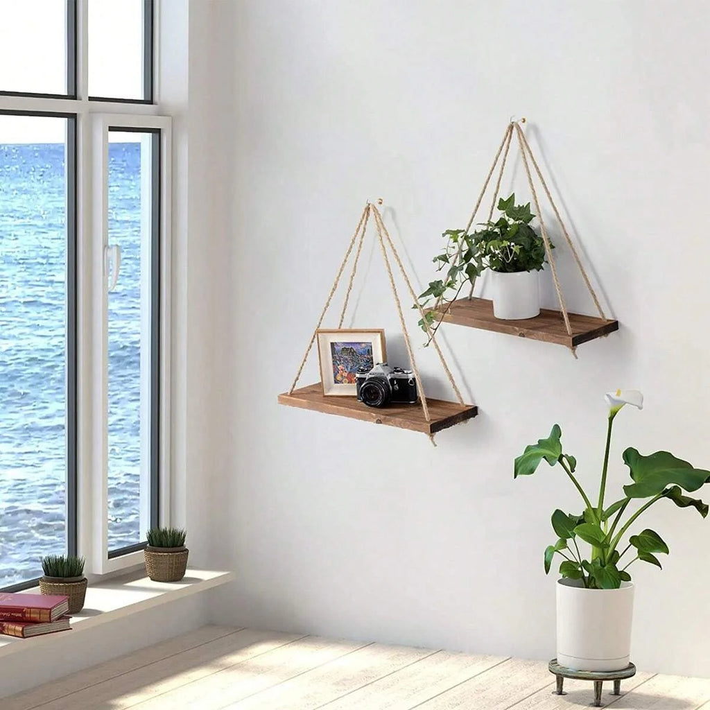 Wooden Hanging Rope Wall Shelf