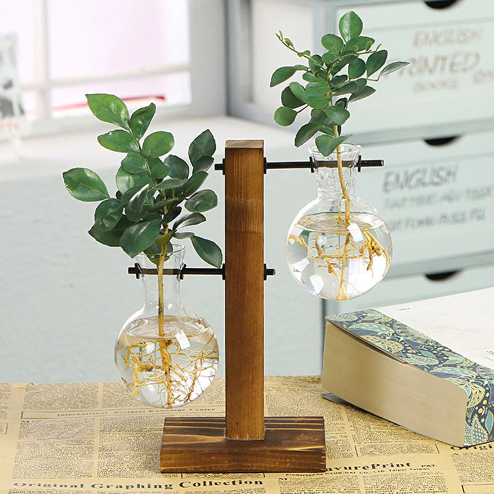 Glass Bulb Vase Wooden Stand