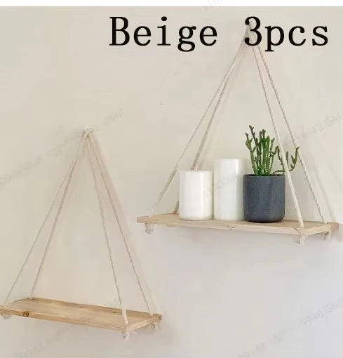 Wooden Hanging Rope Wall Shelf