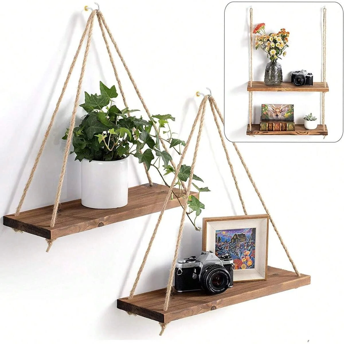 Wooden Hanging Rope Wall Shelf