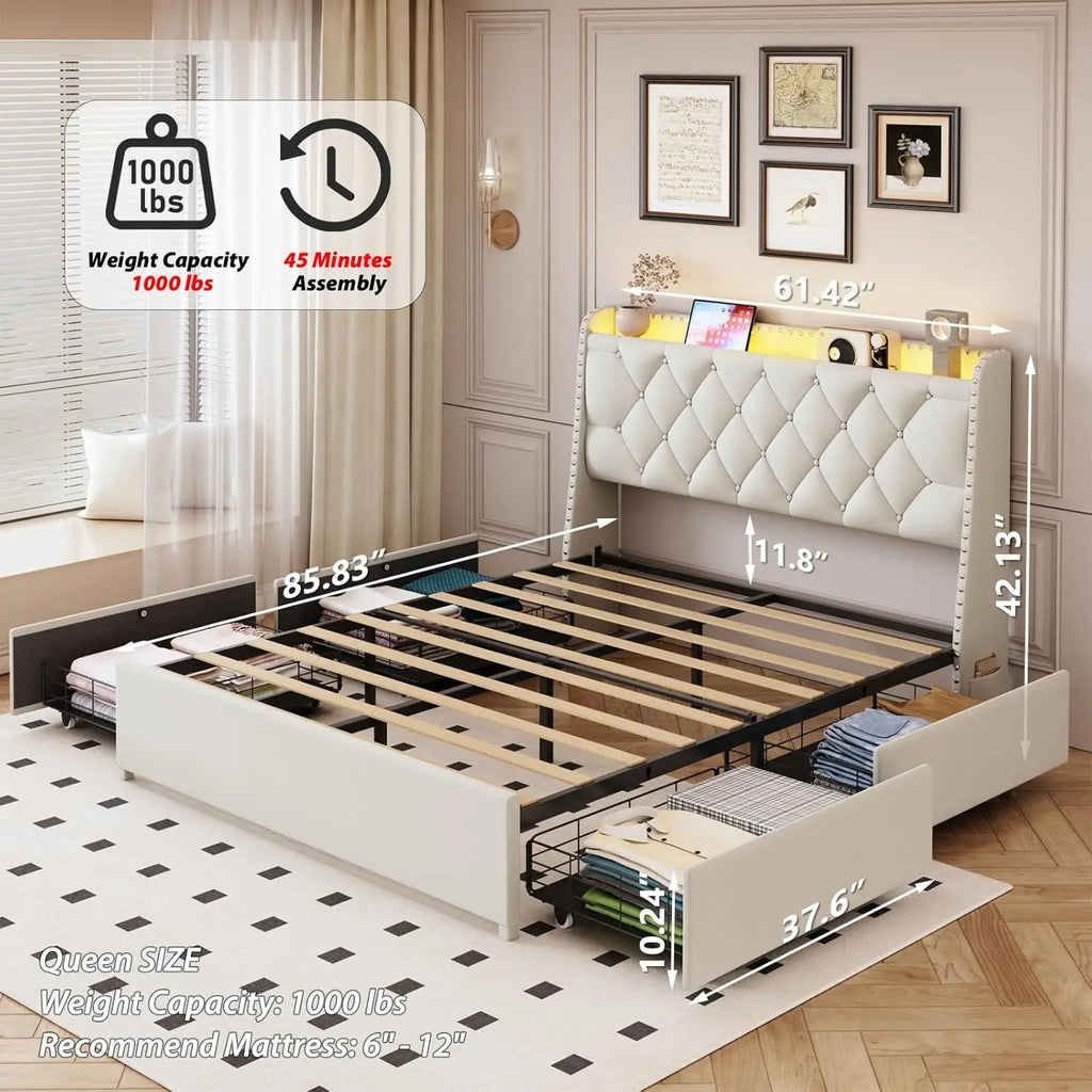 Queen Storage Bed With LED