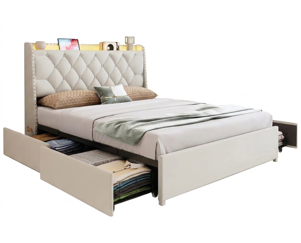 Queen Size Bed Frame with 4 Drawers & Storage Headboard, Upholstered Platform Bed with LED Lights & Charging Station, Beige