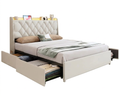 Queen Size Bed Frame with 4 Drawers & Storage Headboard, Upholstered Platform Bed with LED Lights & Charging Station, Beige