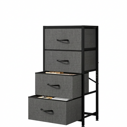 4-Drawer Dresser Vertical Storage Tower Fabric Dresser Closet Organizer, Nightstand Bedside Table Furniture,Wooden Top