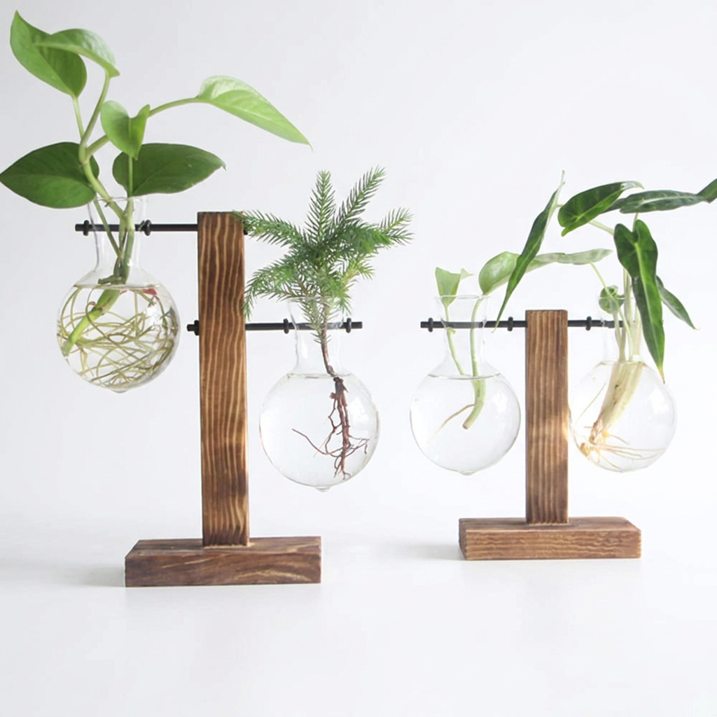 Glass Bulb Vase Wooden Stand