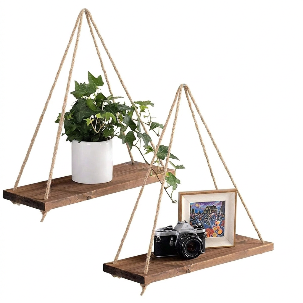 Wooden Hanging Rope Wall Shelf